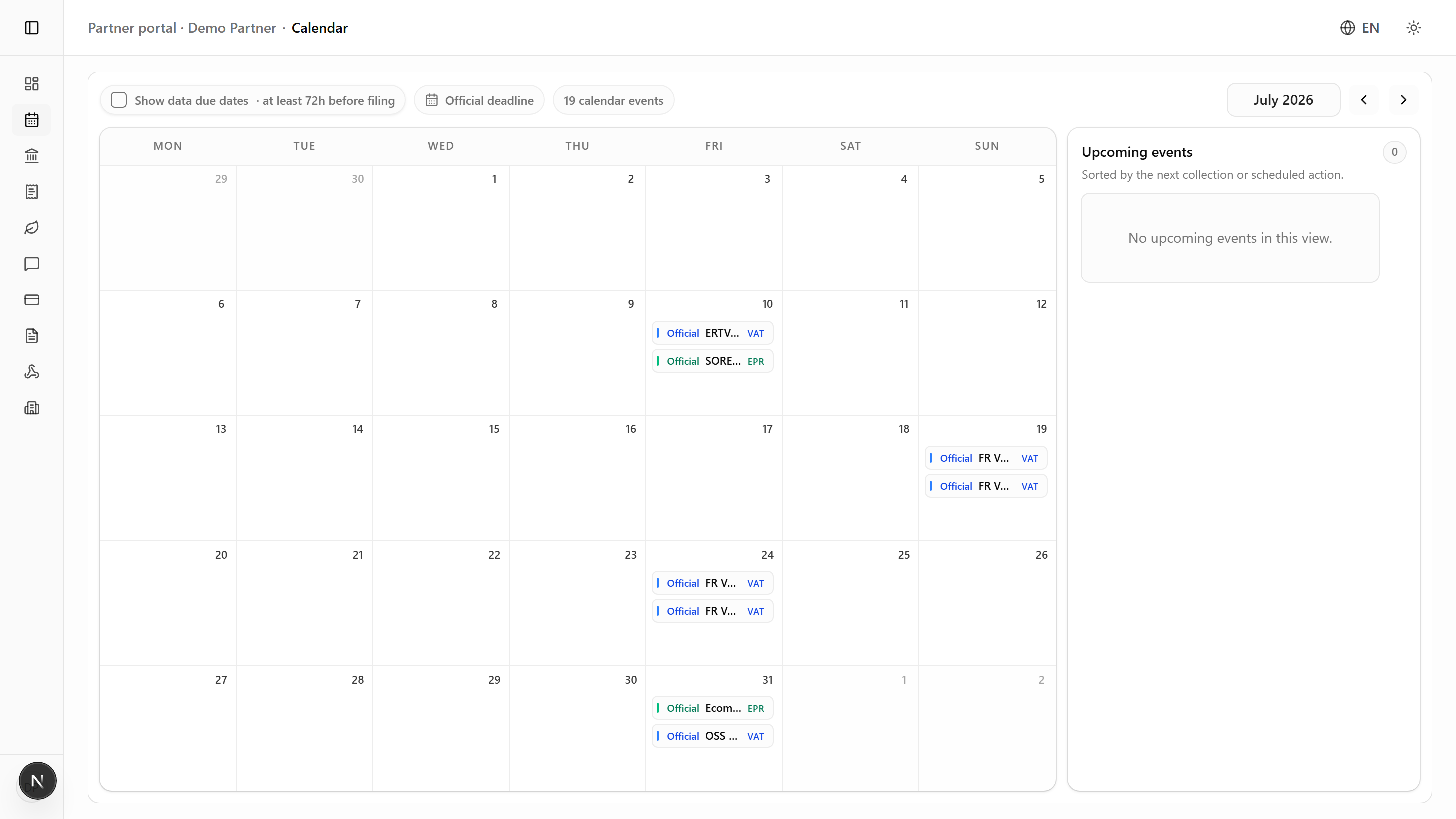 VAT EPR EXPERT FRANCE partner calendar showing the July 2026 statutory VAT, OSS and EPR deadline grid alongside upcoming portfolio events