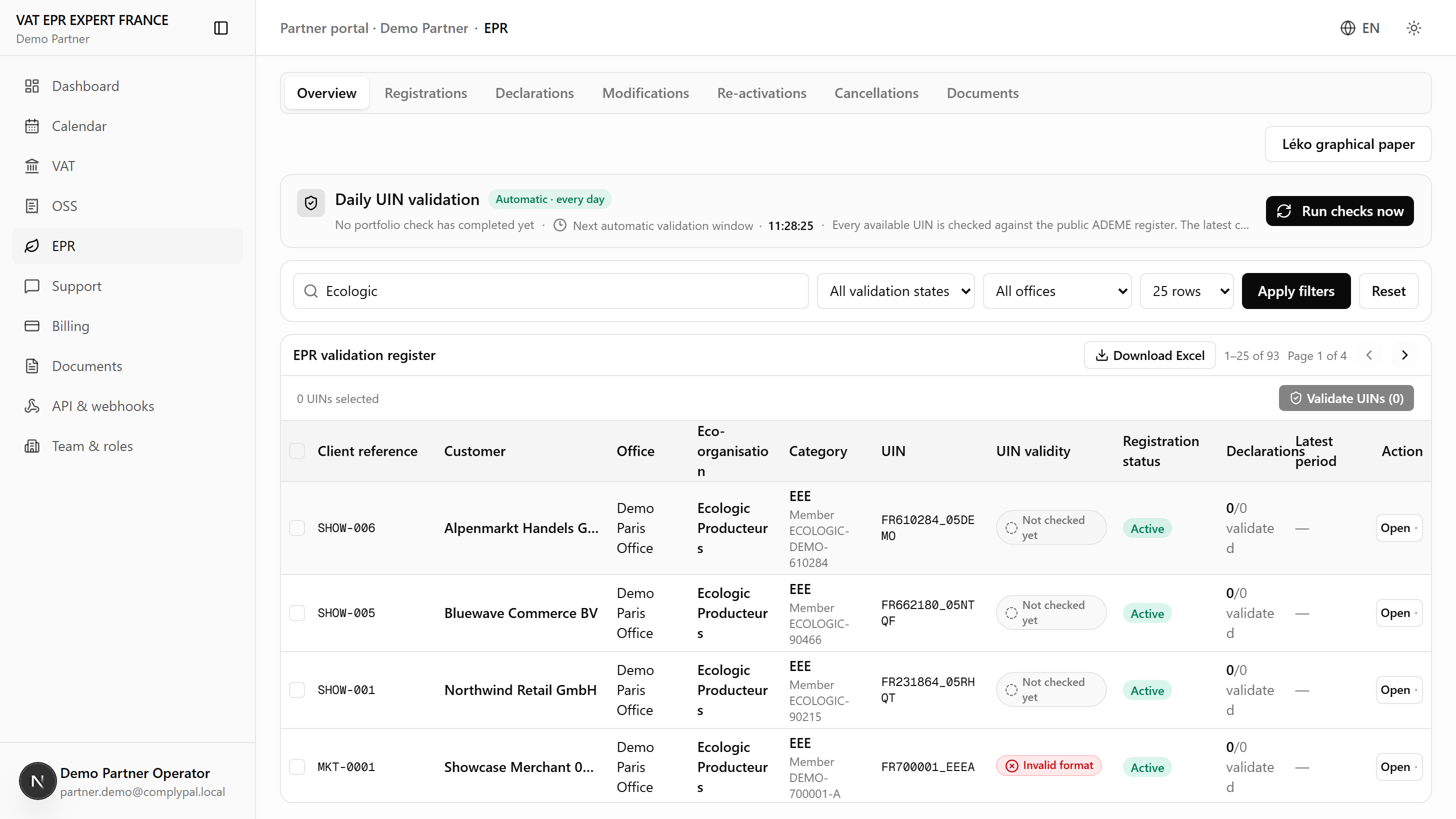 VAT EPR EXPERT FRANCE partner portal EPR module showing French EPR registrations, eco-organism memberships, unique identification numbers and declaration status across a demo portfolio