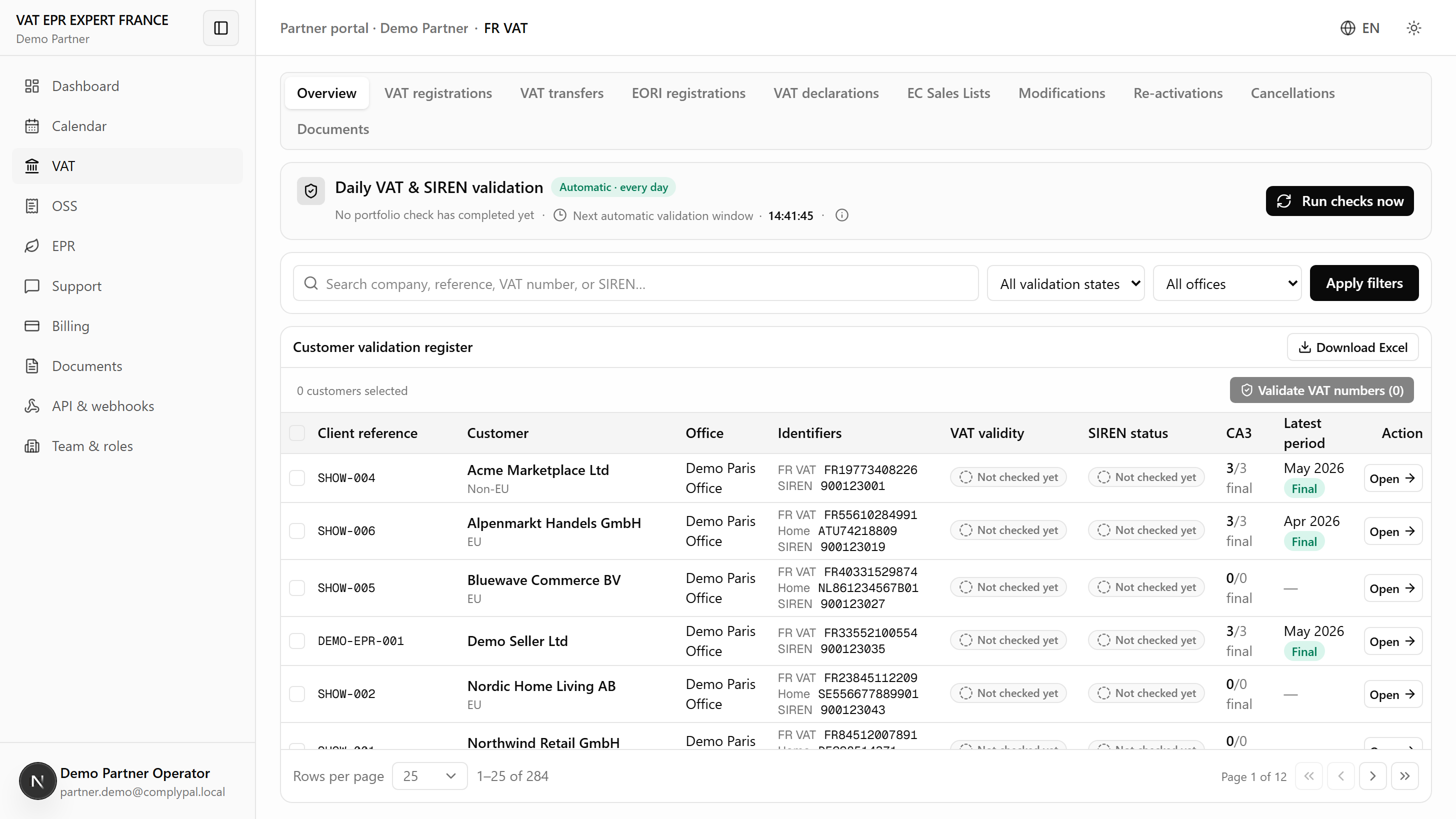 VAT EPR EXPERT FRANCE partner portal VAT module showing French VAT registrations, accreditation status, validation checks and CA3 filing progress